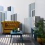 Living room featuring a cityscape mural painted in multiple Resene colours