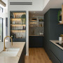 Kitchen, kitchen featuring dark green cabinetry and wooden floors