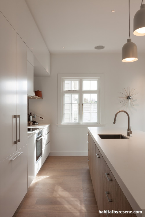 Kitchen, neutral kitchen, white kitchen, kitchen featuring Resene Half Wan White