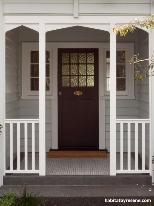 Entranceway, exterior entranceway, exterior entranceway featuring Resene Charcoal and Resene Half Duck Egg Blue