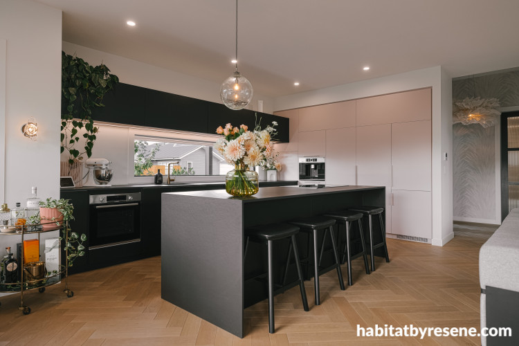Kitchen, black and white kitchen, black and white kitchen featuring Resene Soothe