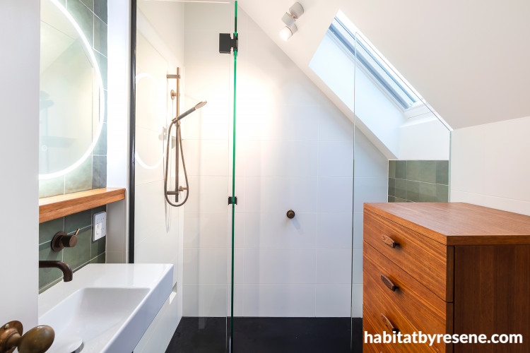 Bathroom, bathroom featuring neutral walls and dark green tiles, bathroom featuring Resene Double Alabaster