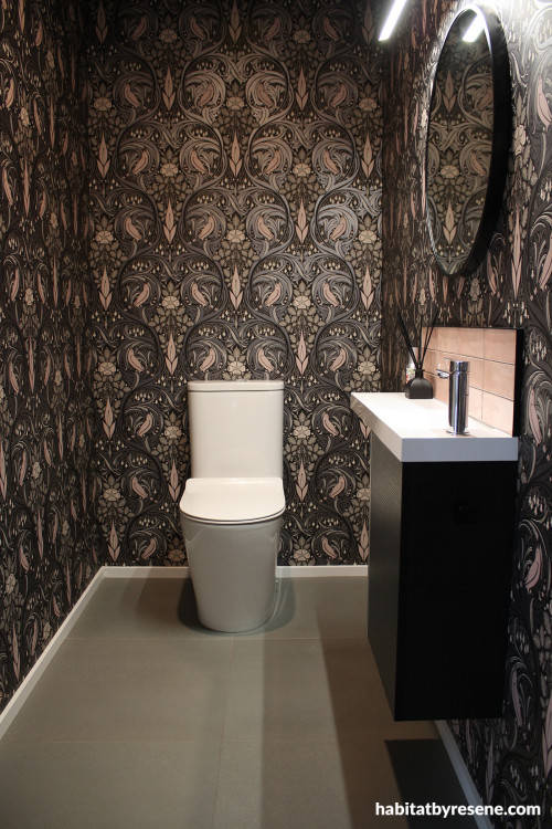 Powder room, powder room featuring statement Resene wallpaper