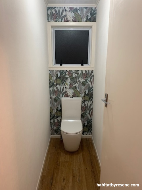 Powder room, powder room featuring wallpaper feature wall