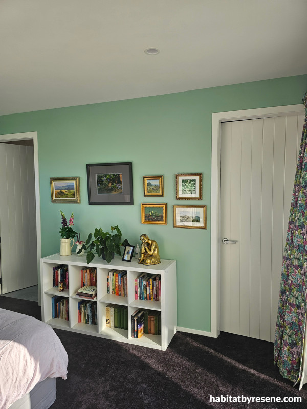 Master bedroom with walls in minty green Resene Gum Leaf