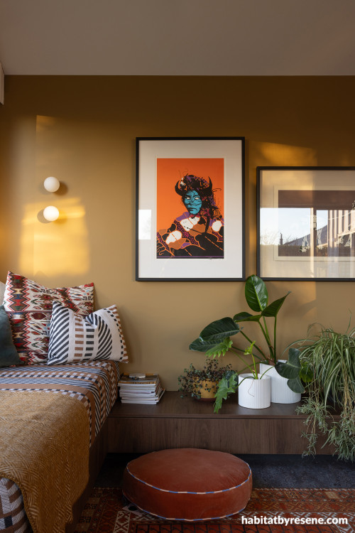 Bedroom, bedroom featuring green-toned ochre Resene Bullwhip on wall