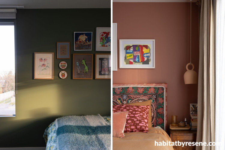 Bedroom and master bedroom in Resene Rivergum and Resene Summer Rose