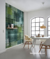 Dining room featuring feature wallpaper in a vibrant green and abstract plaid pattern