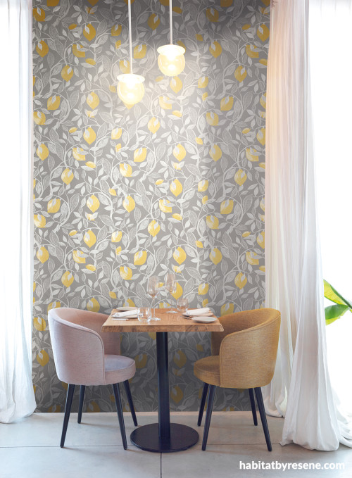 Dining room featuring subtle fruit-floral Resene wallpaper