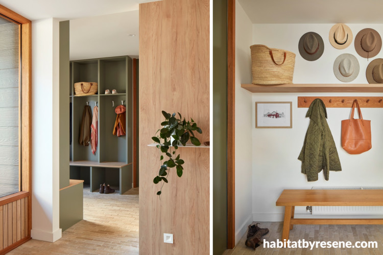 An entryway with hooks, hats and a bench seat