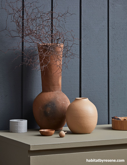 Terracotta vases, maximalist design, maximalism, navy interior design, Resene Armadillo