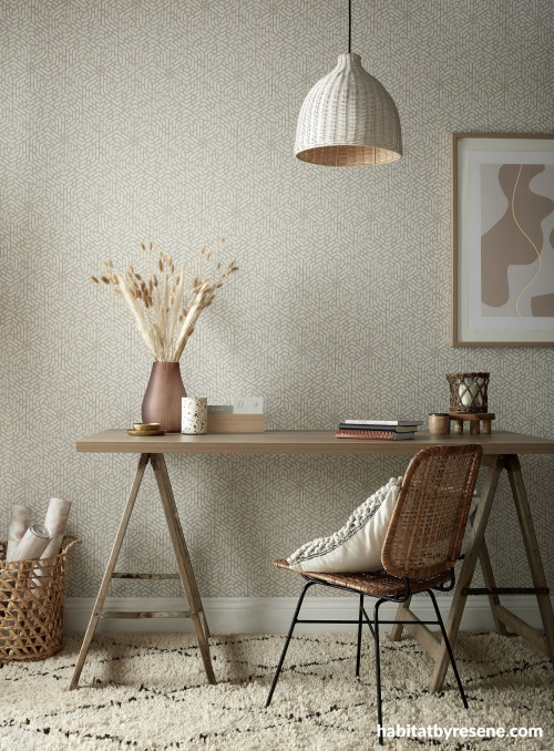 Home office, neutral office, office with neutral patterned wallpaper