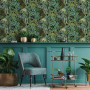 Living area, living area featuring statement deep green, teal and brown patterned wallpaper
