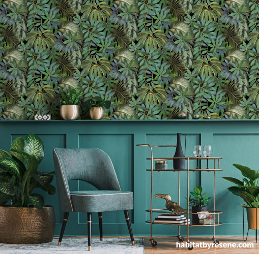 Living area, living area featuring statement deep green, teal and brown patterned wallpaper
