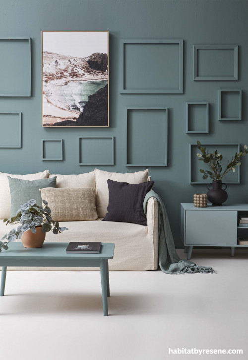 Living room, living room with blue green feature wall