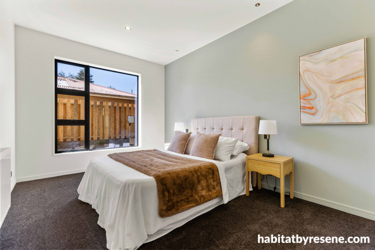 Bedroom featuring grey-green Resene Helix