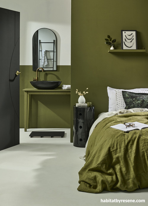 Bedroom and ensuite in white and green