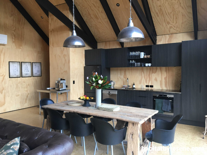 Kitchen, kitchen featuring natural timber walls and Resene Black