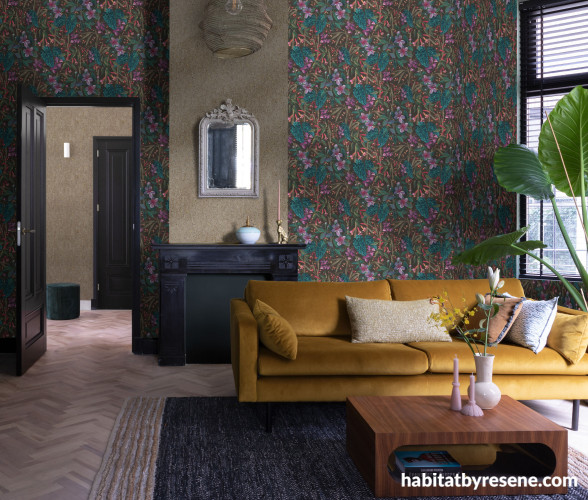 Living room, Living room with dramatic wallpaper, living room with dark floral wallpaper