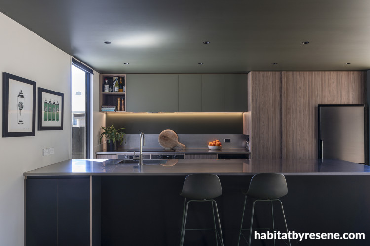 Resene Log Cabin and Resene Dark Knight Kitchen