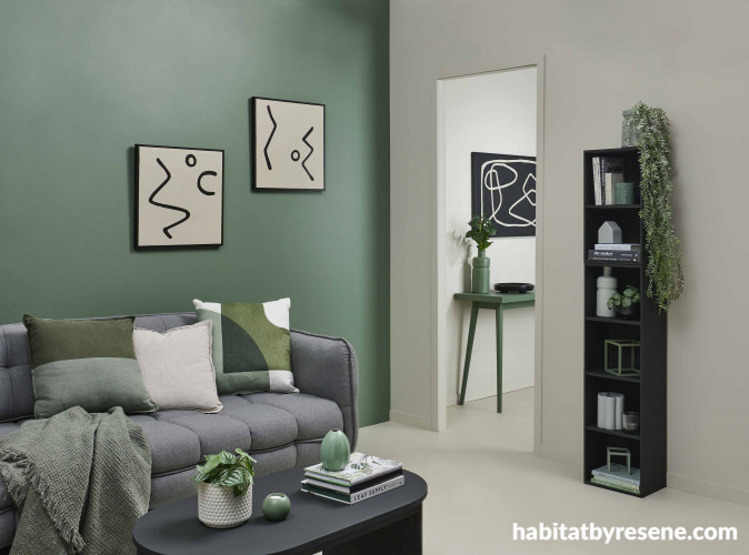 Living area, green living area, living area with feature wall
