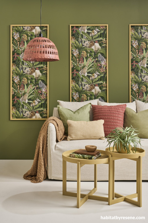 Living room, wallpaper, green living room, wallpaper feature