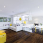 open-plan kitchen, white kitchen, yellow accents, yellow kitchen, paint ideas