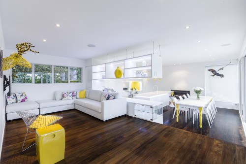 open-plan kitchen, white kitchen, yellow accents, yellow kitchen, paint ideas