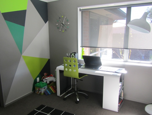 Home office, feature wall,, study decor, mural ideas, geometric wall, green office