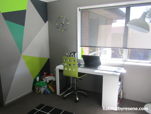 Home office, feature wall,, study decor, mural ideas, geometric wall, green office
