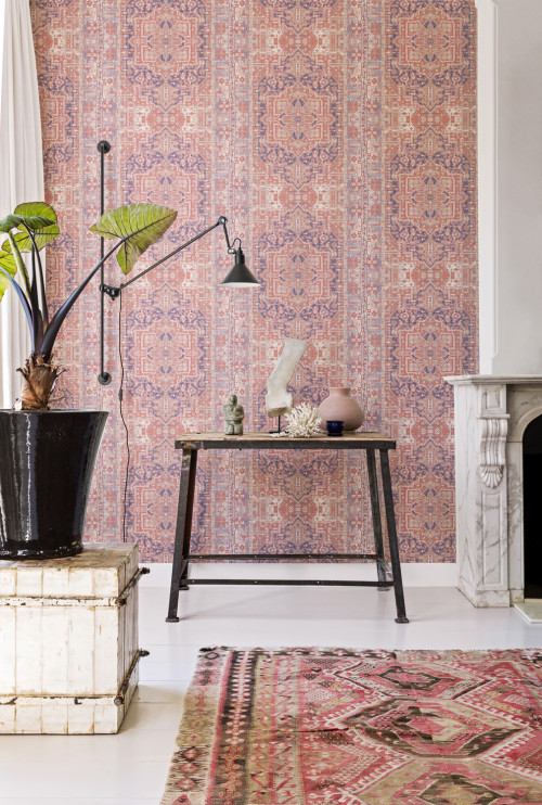 wallpaper, pink, turkish rug, interior trends, feature wall