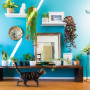 Dining room, blue dining room, blue feature wall, bright interior, plant wall, resene seeker