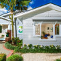 bungalow, exterior, white paint, garden, house entrance, warm white