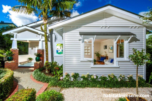 bungalow, exterior, white paint, garden, house entrance, warm white