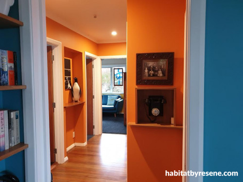 hallway, orange hallway, orange interior, blue and orange interior, resene tango, bright hallway
