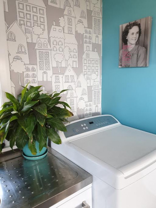 laundry, blue laundry, feature wallpaper, resene wallpaper, resene dauntless, blue interior