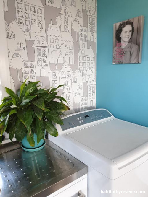 laundry, blue laundry, feature wallpaper, resene wallpaper, resene dauntless, blue interior