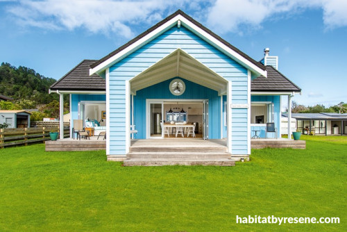 blue cottage, blue exterior, bright exterior, blue house, resene french pass