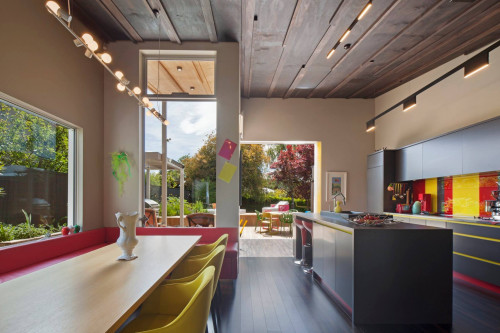 dining room, kitchen, colourful dining room, board and batten ceiling, bright kitchen, open plan