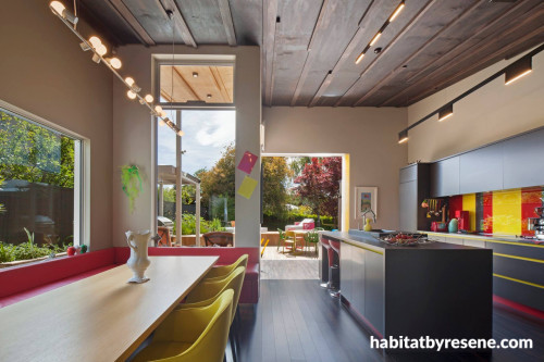 dining room, kitchen, colourful dining room, board and batten ceiling, bright kitchen, open plan