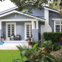 blue house, blue exterior, front entrance, garden, painted weatherboards, blue weatherboards