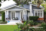 blue house, blue exterior, front entrance, garden, painted weatherboards, blue weatherboards