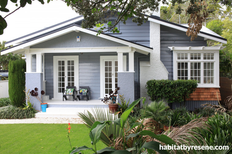 blue house, blue exterior, front entrance, garden, painted weatherboards, blue weatherboards