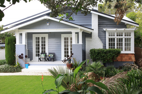 blue house, blue exterior, front entrance, garden, painted weatherboards, blue weatherboards