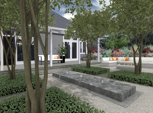 garden, outdoor fire, concrete seating, water feature,