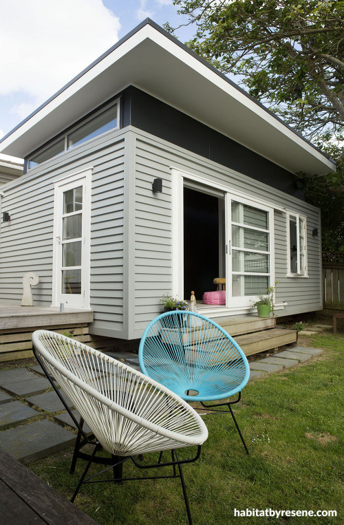 small home, house exterior, painted timber weatherboards, black and grey, grey and white