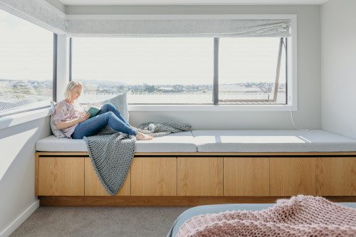 window seat, window seat inspiration, white window bay, scandi storage, Resene