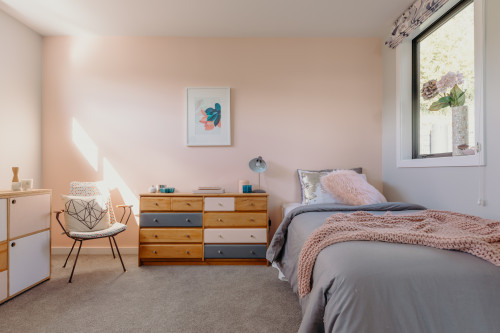 Blush bedroom, Pink and grey bedroom inspo, Soft palette bedroom, Resene