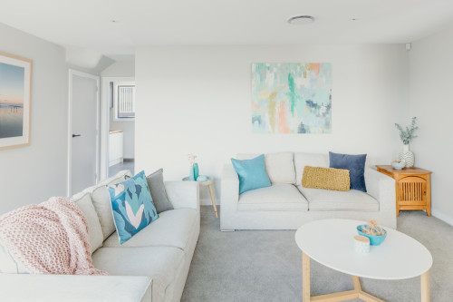 neutral lounge, neutral with a pop of blue, blue lounge inspo, white and grey lounge, Resene