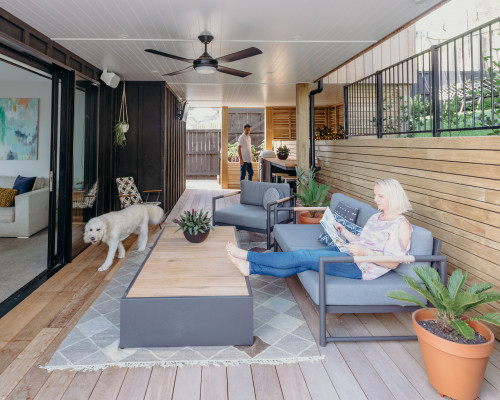 Black house exterior, wooden panels, wooden patio inspiration, undercover patio, Resene